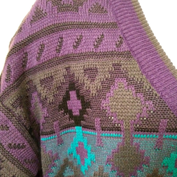 Vintage 1992 Purple Gray & Turquoise 3D Textured Aztec Patterned Grandpa Sweater - Picture 2 of 7